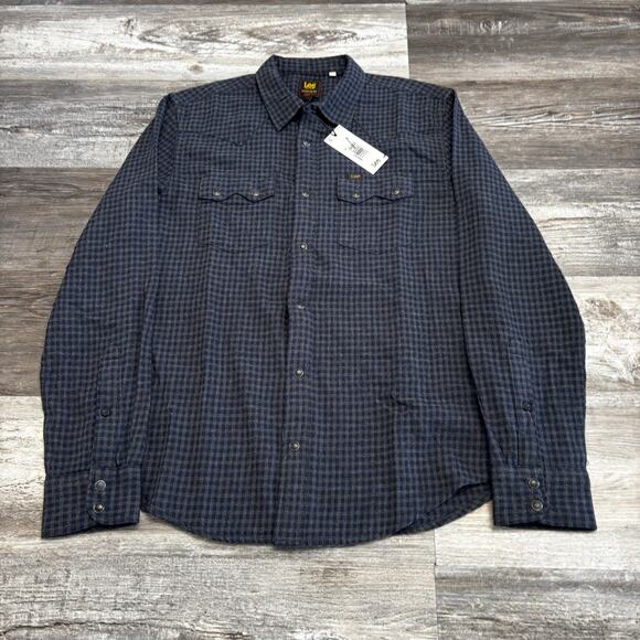 NWT Lee Blue Gray Mens‎ M Flap Pockets Gingham Twill Pearl Snap Button Up Shirt - Picture 1 of 10